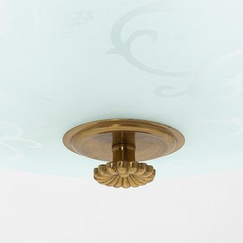 Nordiska Kompaniet, a Swedish Modern glass and brass ceiling light, 1940's.