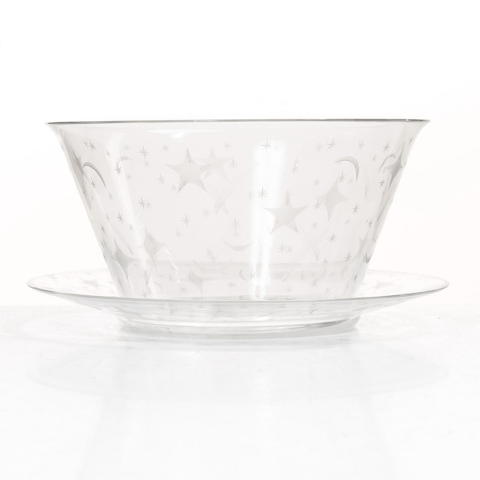 Edward Hald, skål, glas, "Stjärnhimmelsmönstret" Orrefors, 1920-tal.