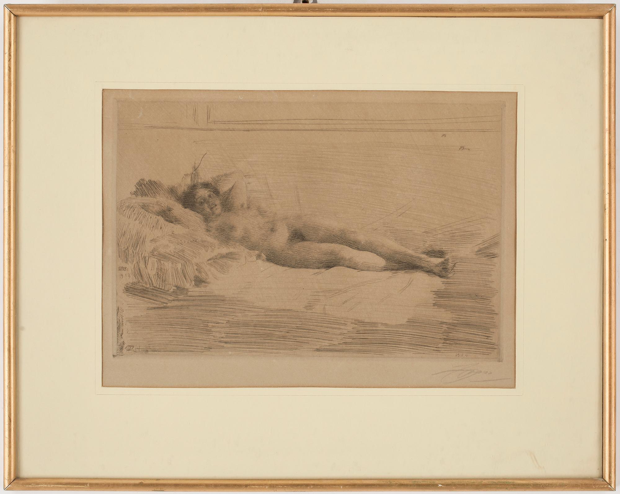 ANDERS ZORN, etsning, daterad 1913 samt 1914, signerad med blyerts.