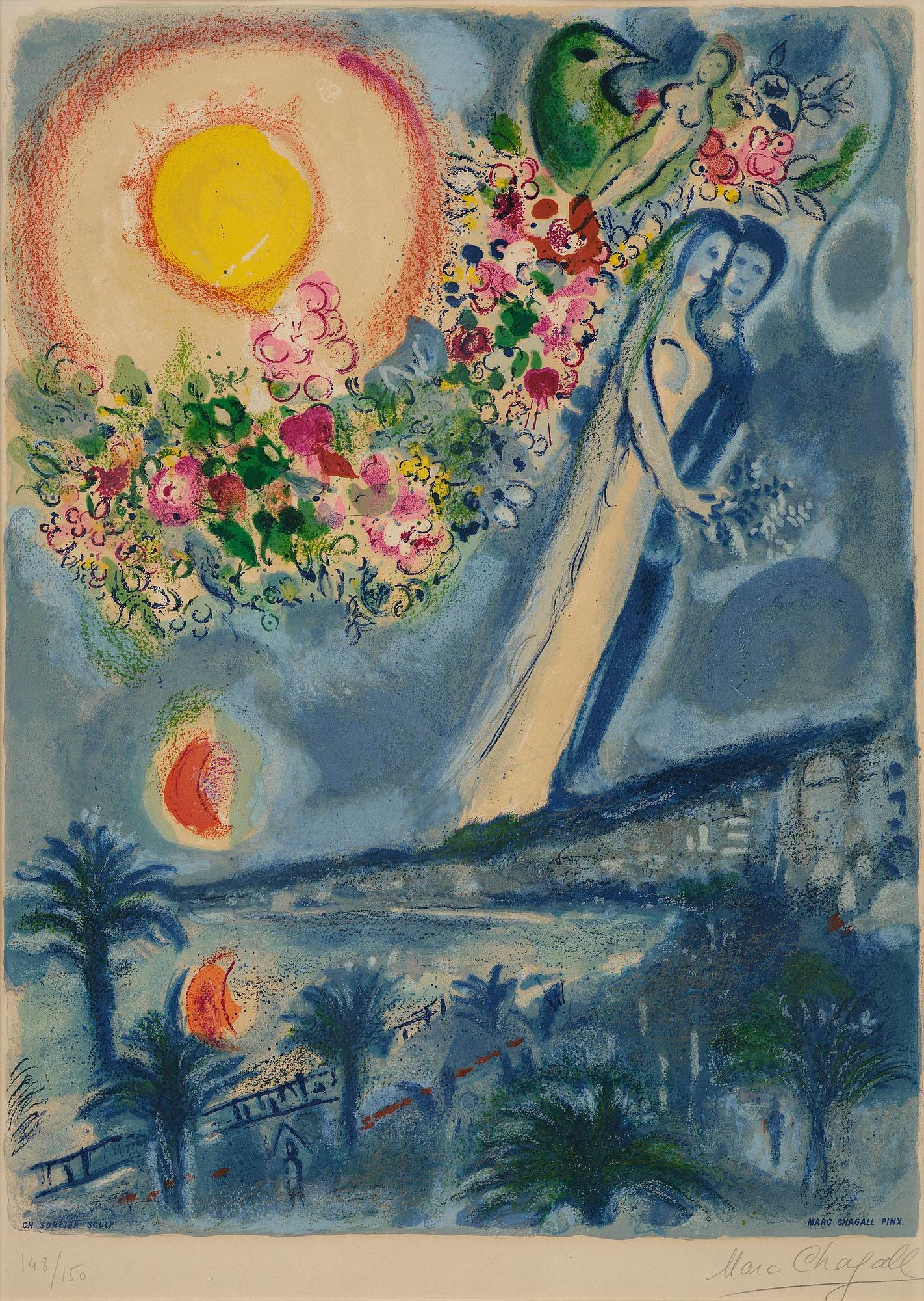 Marc Chagall, after, "Fiancés dans le ciel de Nice" from: Nice et la Côte d'Azur".