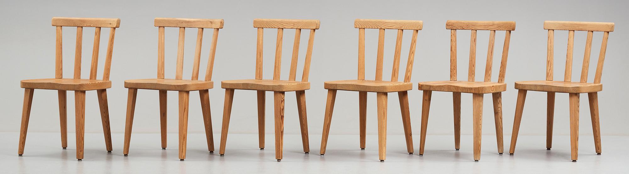 Axel Einar Hjorth, a set of six "Utö" stained pine chairs, Nordiska Kompaniet, Sweden 1930's.
