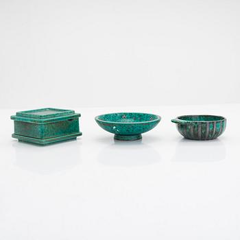 Wilhelm Kåge, two bowls and a box with lid, 'Argenta'. Gustavsberg, Sweden.