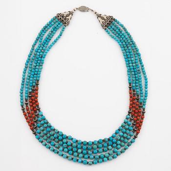 Necklace silver with turquoise and coral.