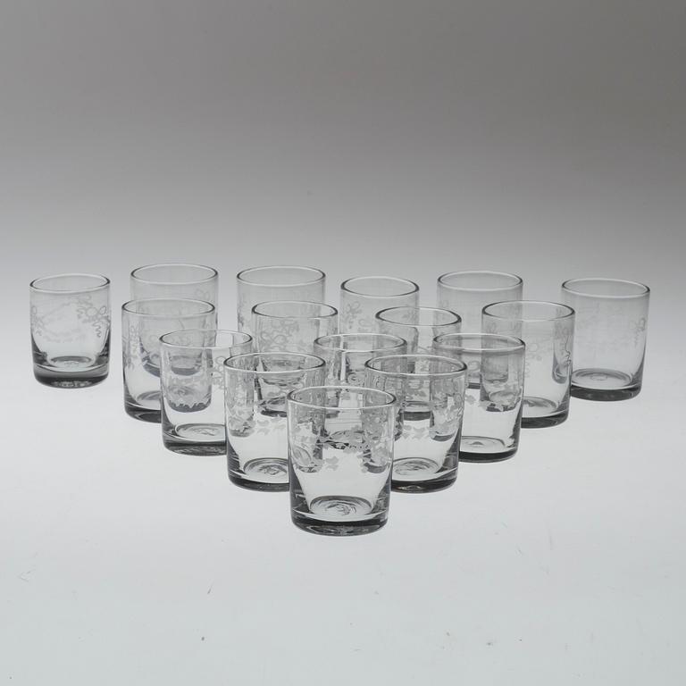 Sixteen whiskey glasses model "Antik" Reijmyre Glasbruk, second half of the 20th century.