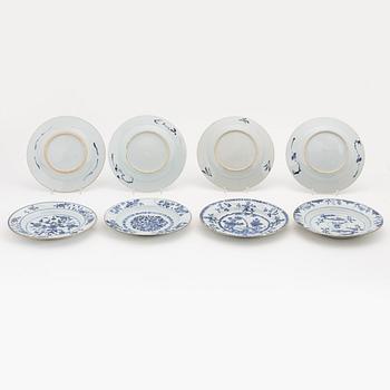 A group of eight (2+2+2+2) Chinese blue and white dishes, Qing dynasty,
