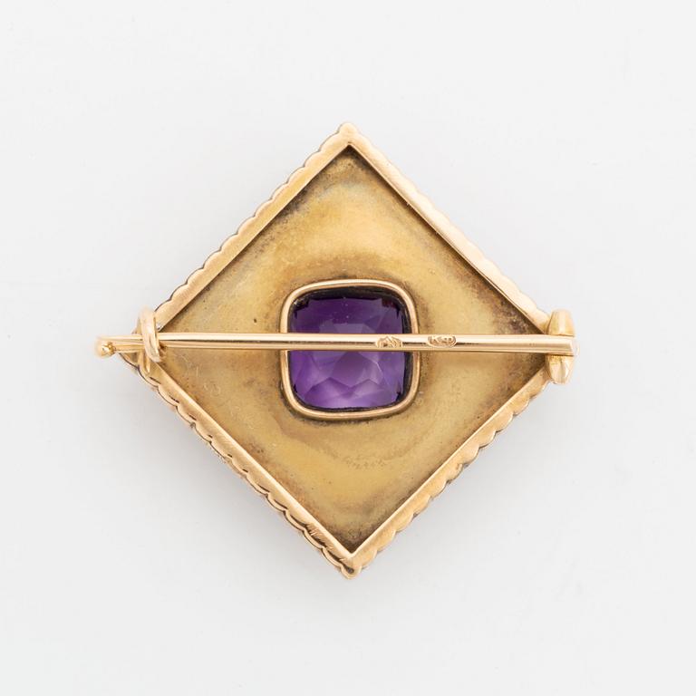 A Fabergé amethyst and enamel brooch set with rose-cut diamonds, St Petersburg 1899-1908.