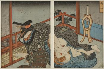 Oidentifierade konstnärer, färgträsnitt, shunga, albumblad, tre diptyker, Japan, 1800-tal.