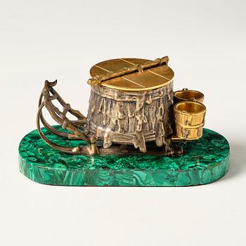 A Russian Alexander II malachite-veneered, silvered and gilt bronze inkwell, later part 19th century.