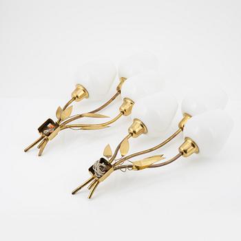 A pair of Swedish Modern glass and brass wall lights, 1940's/50's.