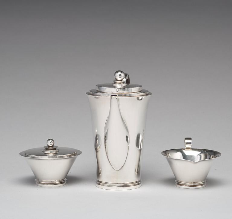 Harald Nielsen, kaffeservis "Pyramid", tre delar, Georg Jensen, Köpenhamn 1933-44, sterling, design nr 600A,