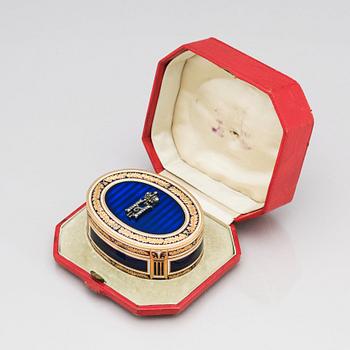 An Imperial Presentation jewelled gold and enamel box, Alexander Treiden for Hahn, St Petersburg before 1899.