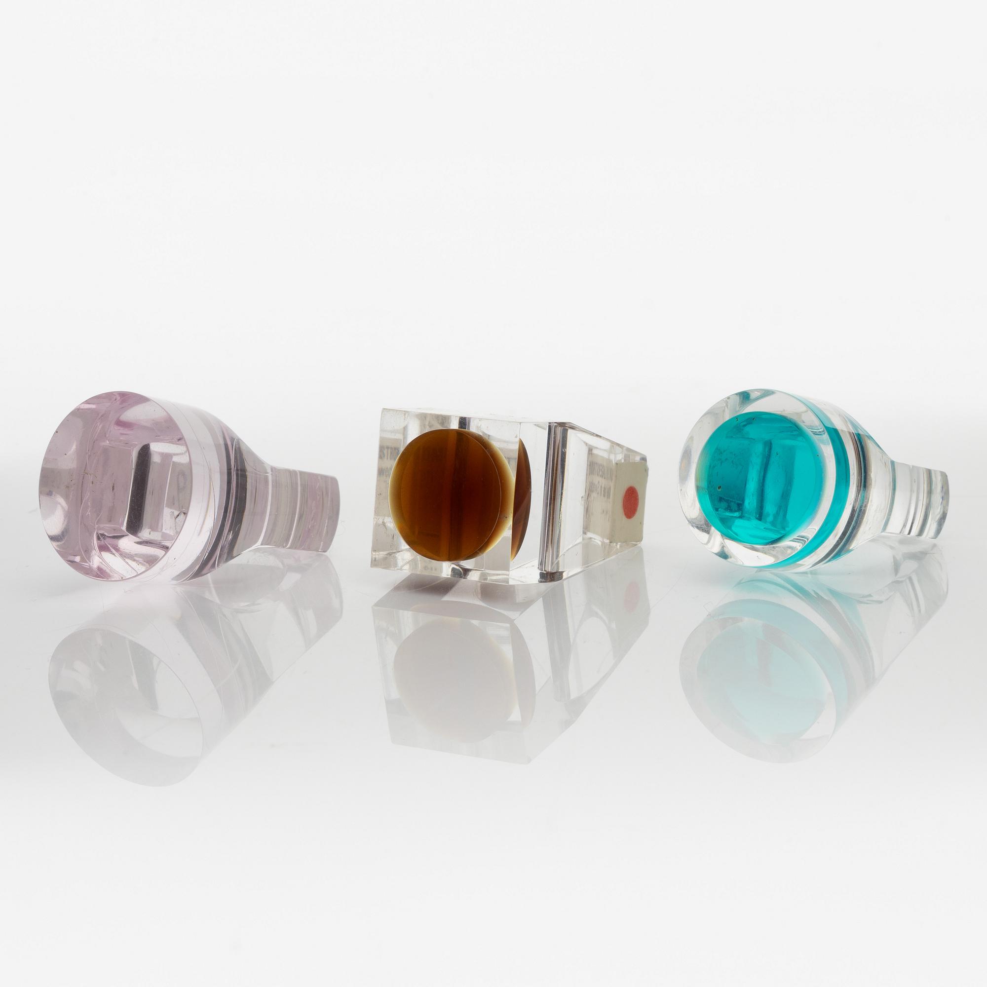 Siv Lagerström, three acrylic plastic rings. Engraved works from the 1970s.