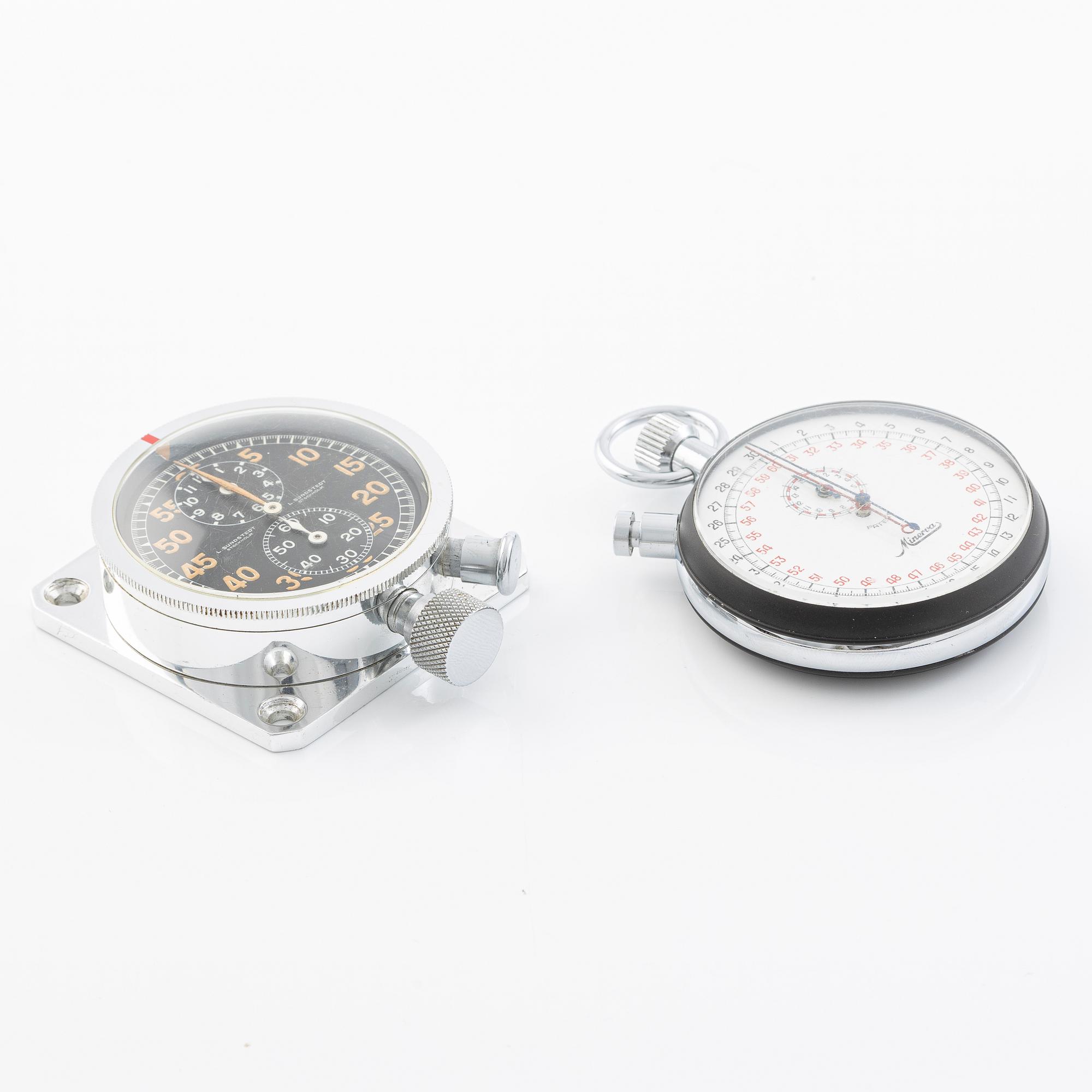 Two rally stopwatches, L. Sundstedt, Stockholm and Minerva, provenance from the Swedish Rally to the Midnight Sun.