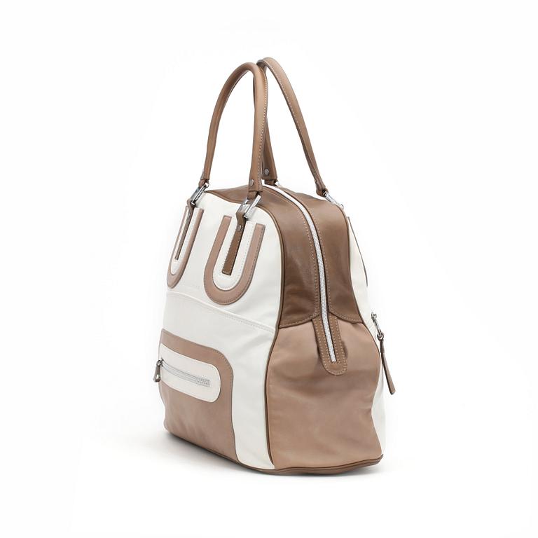 LONGCHAMP, a brwon, beige and white leather handbag, limited edition.