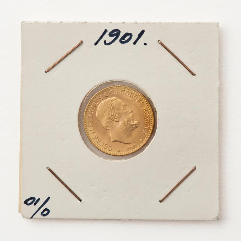 Gold coin, Oscar II, Sweden. 10 kronor, 1901.