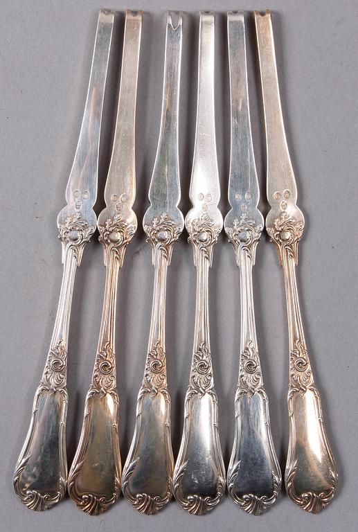 HUMMERGAFFLAR, 6 st, silver, rokokostil, Danmark.