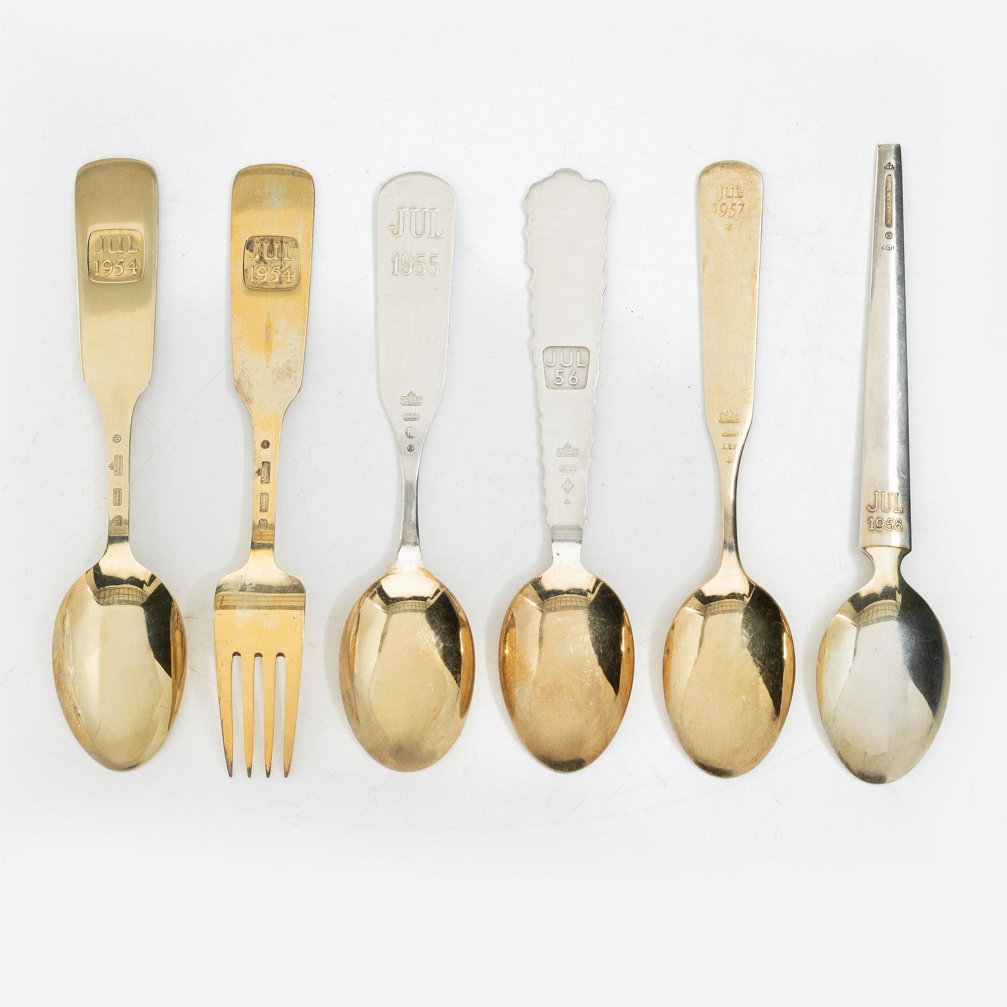 Anton Michelsen, Annual/Christmas flatware, 6 pieces, gilt sterling silver and enamel, Denmark, 1950s.