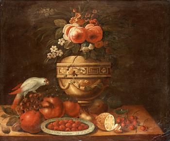 Still life with urn, fruits and parrot.