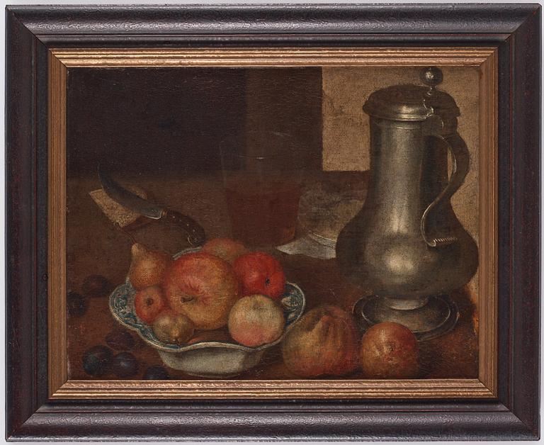 Dutch School, 17/18th Century. Still life with pewtre jug, fruits and a knife.