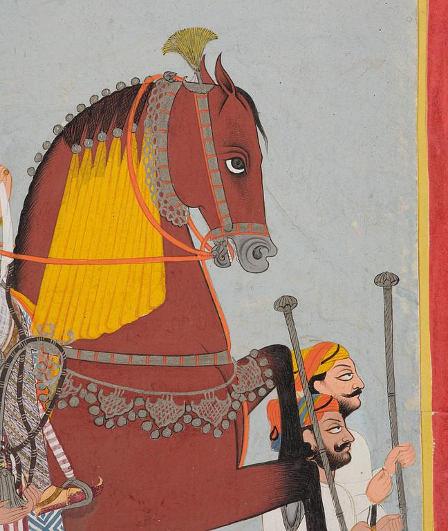 An equestrian portrait of a Rajput ruler with attendants, gouache, North India, Rajasthan, 19th century.