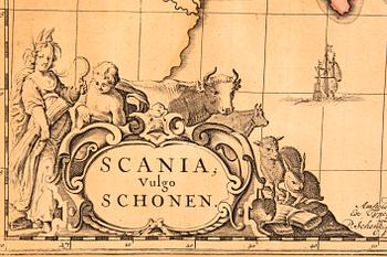Johannes Janssonius, after, map Scania Sweden, hand colored copper engraving.