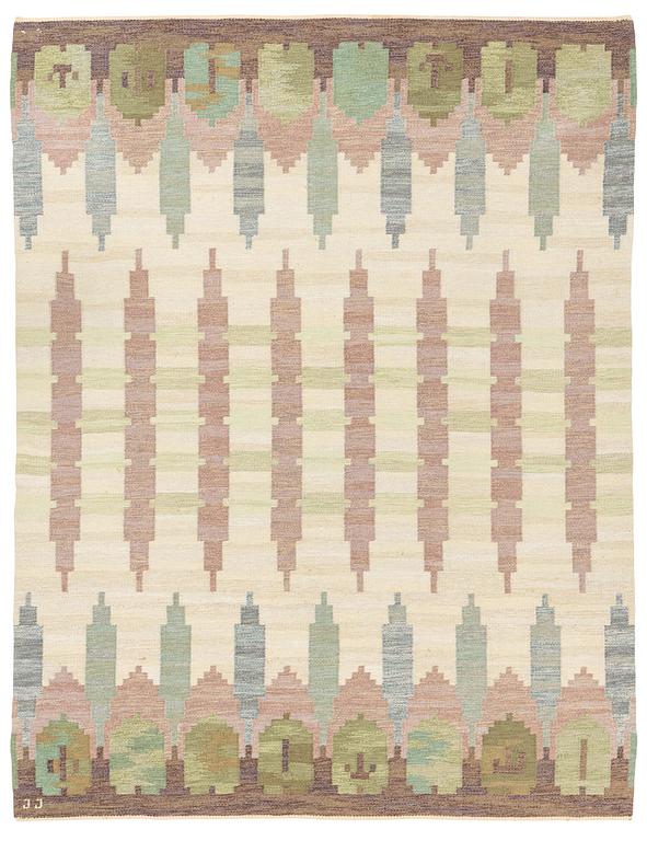 Judith Johansson, a carpet, 'Hallandsåsen', flat weave, c 281 x 218 cm, signed JJ.