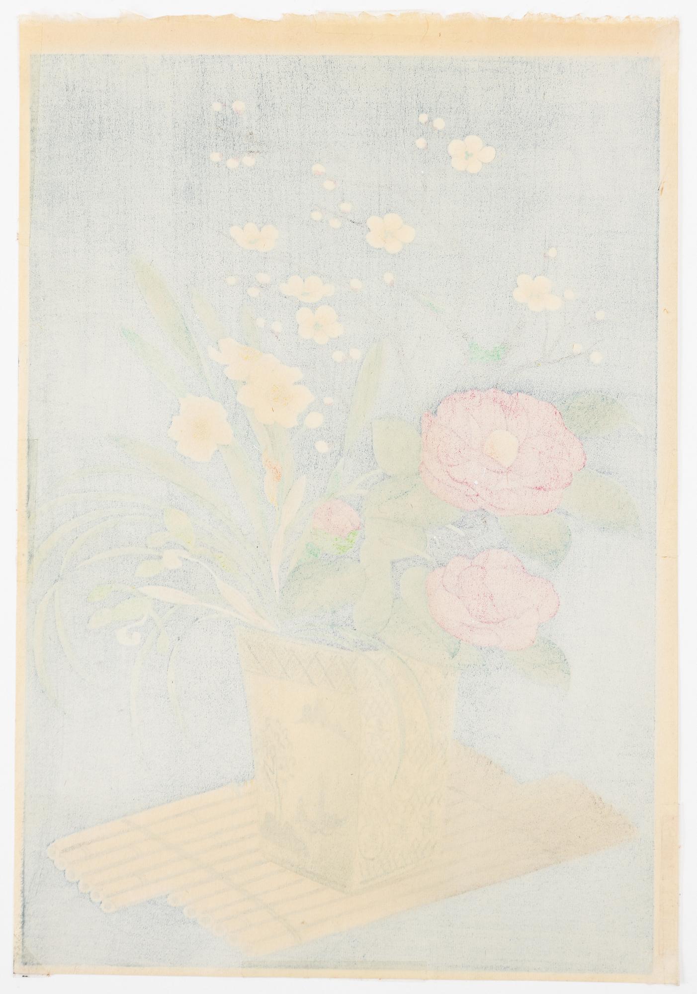 Ohno Bakufu, Motif of a bird and flowering roses, and a vase with prunus, peonies, daffodils and an orchid.