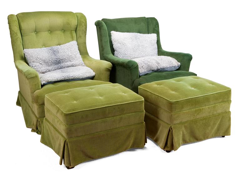 TWO ARMCHAIRS WITH OTTOMANS,