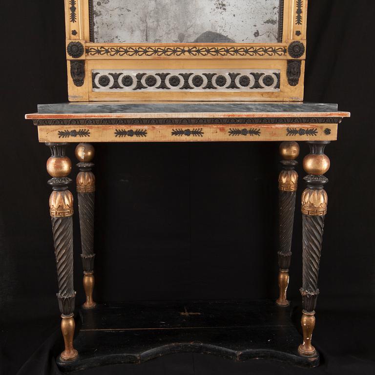 A late Gustavian early 19th century mirror and console table.