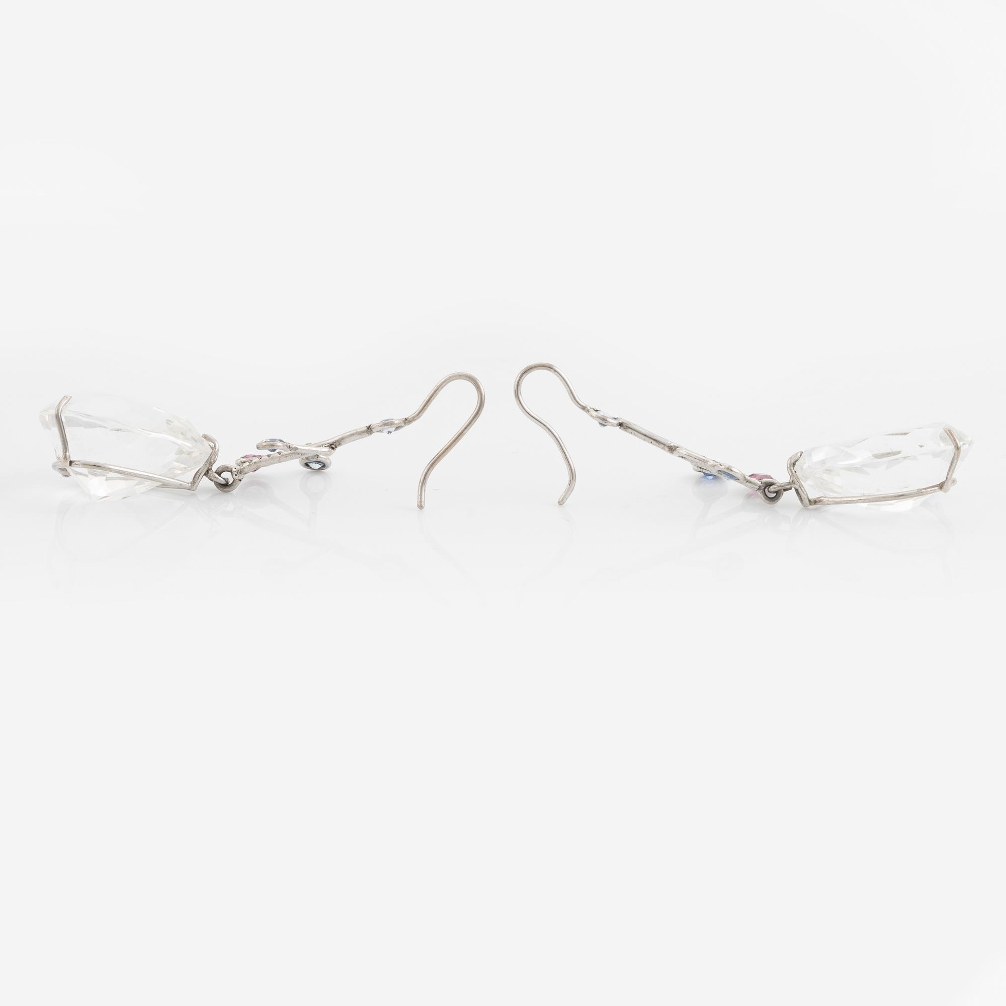 White gold, rock crystal, sapphire, tourmaline and diamond earrings.