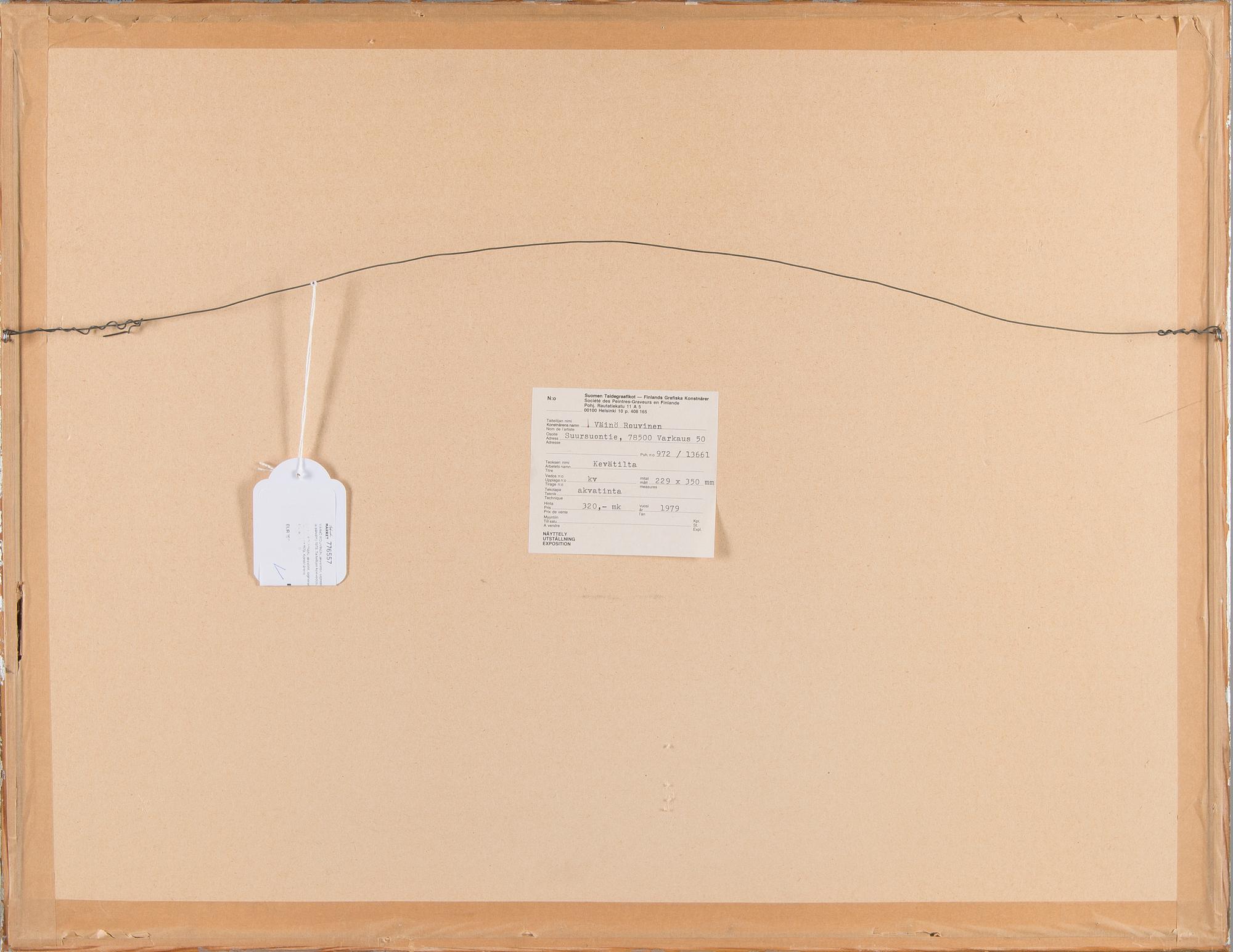 VÄINÖ ROUVINEN, akvatinta, signeerattu ja päivätty 1979. Taiteilijan koevedos.