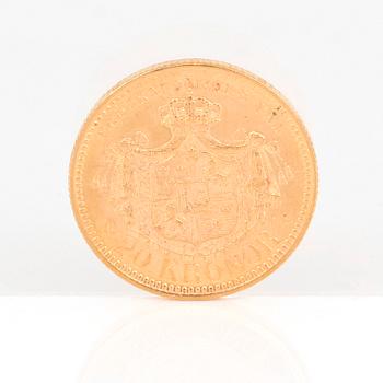 GULDMYNT, 20 kronor, Oscar II av Sverige och Norge 1890. Vikt ca 9 gram.