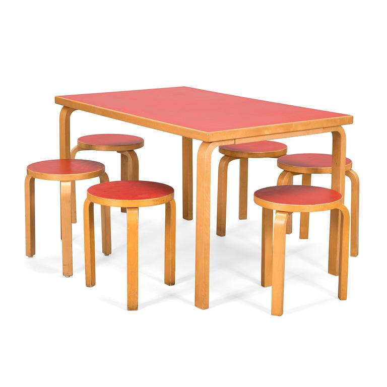 Alvar Aalto, a 1960's '82' table and six '66' stools for O.Y. Huonekalu-ja Rakennustyötehdas A.B.
