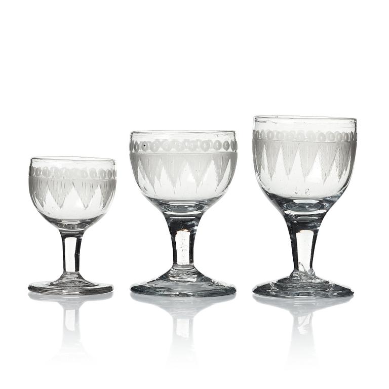 A set of 20 Swedish wine glasses, first half of the 20th Century.