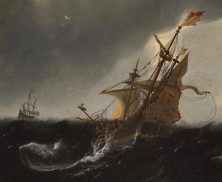 David Ludeking Attributed to, Ships on stormy coastal sea with casle above.