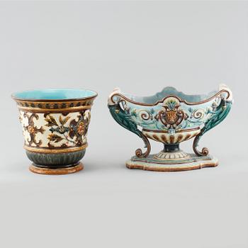 Majolica jardiniere and flower pot from Gustavsberg and Rörstrand respectively, turn of the century 1900.