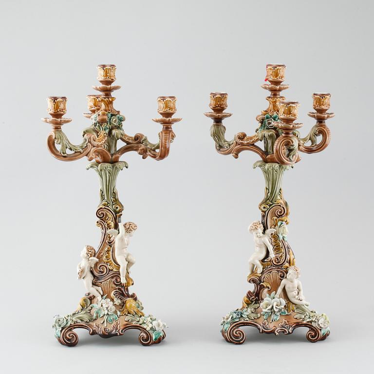 A pair of majolica candelabras from Rörstrand, late 19th century.