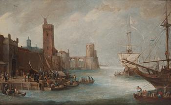 825. Abraham Willaerts Tillskriven, Kustlandskap med figurer och skepp.