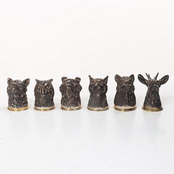 Six Russian parcel-gilt silver animal's head stirrup cups, including with mark of Nikols & Plinke, St. Petersburg.