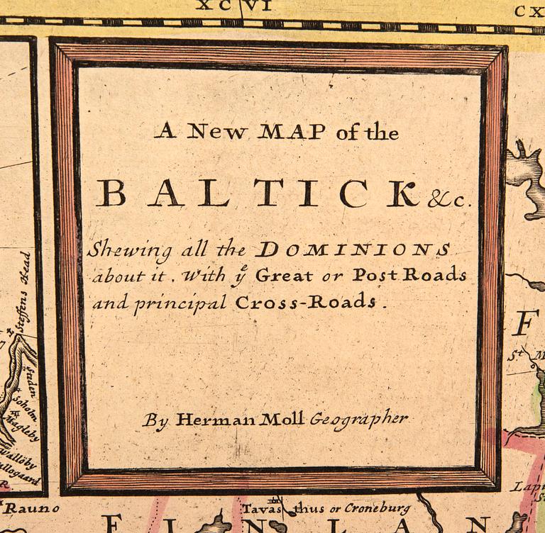 Herman Moll, karta över Östersjön, handkolorerat kopparstick, London ca 1730.