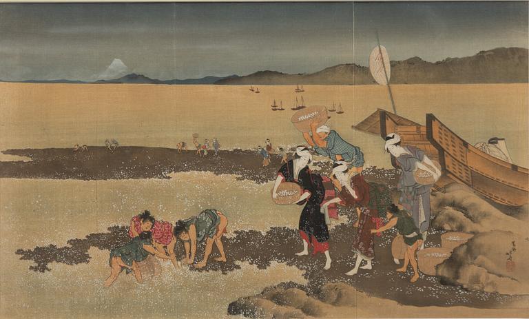 Katsushika Hokusai, efter, färgträsnitt på textil, "Shell Gathering", Japan, 1900-tal.