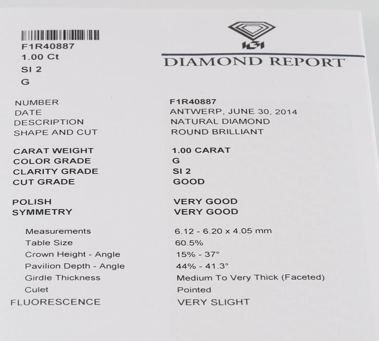 RING, 18K vitguld med briljantslipad diamant 1.00 ct, Milano, Italien. Vikt 3,5 gram.