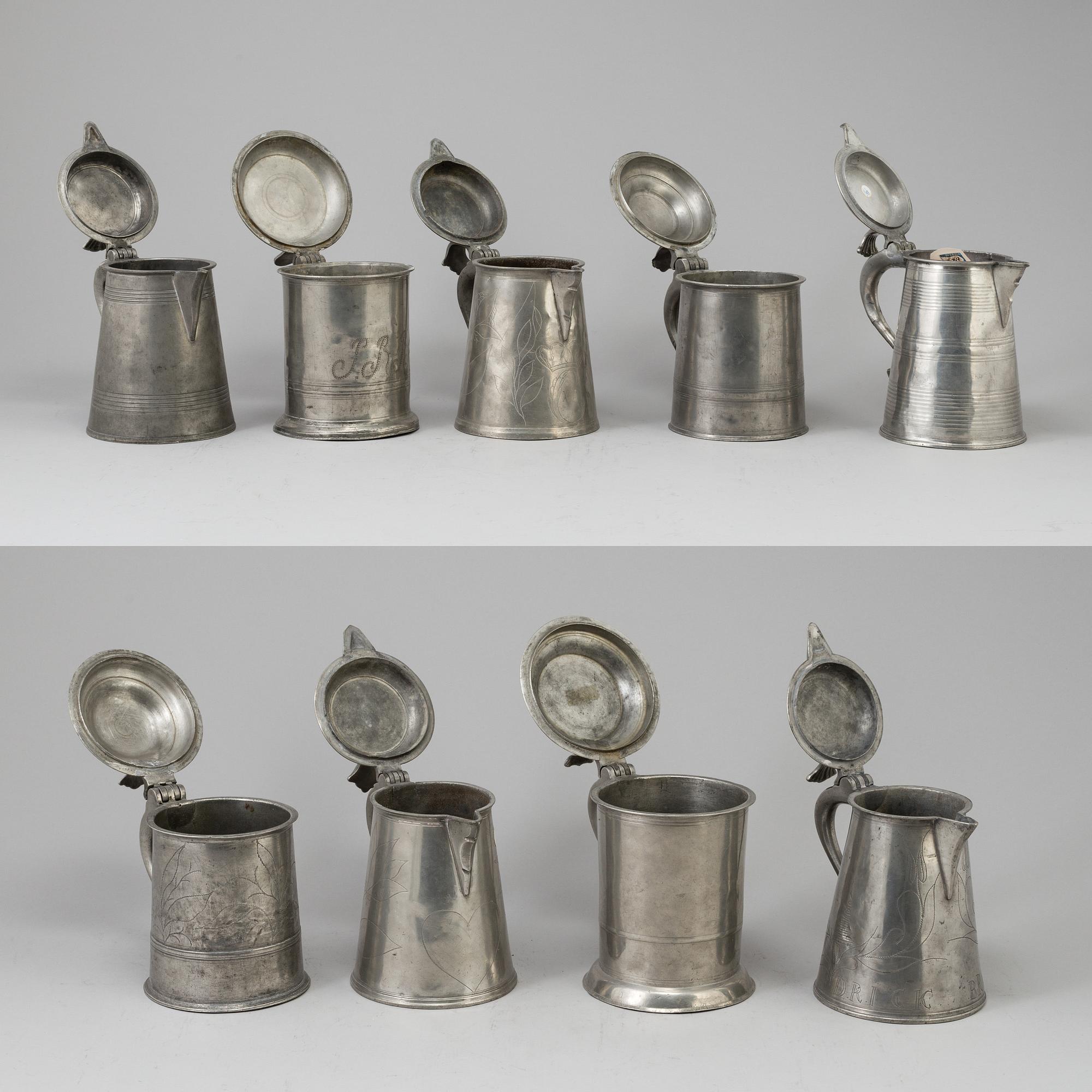 A Swedish pewter lidded porridge bowl , mark of Gustaf Silow (1848-75) and nine 19th century pewter tankards.