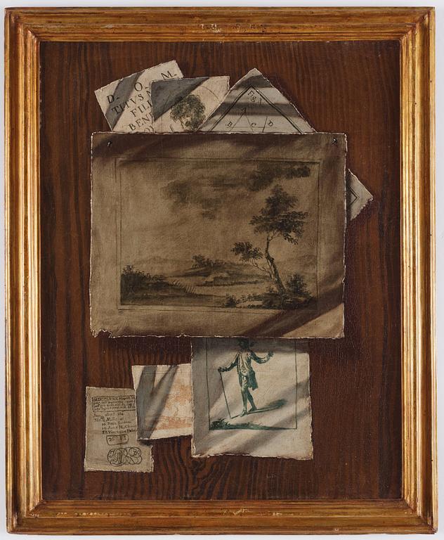 Sebastiano Lazarri Tillskrivna, Trompe l'oeil med teckningar och spelkort, ett par.