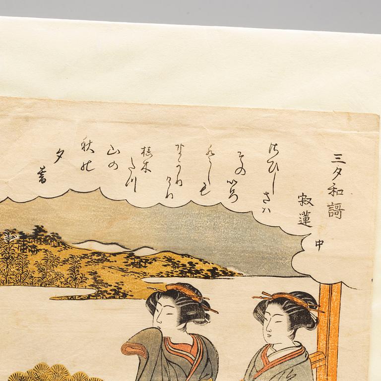KATSUKAWA SHUNSHO (1726-93), efter, färgträsnitt, ur Sanseki Waka, 1800-tal.