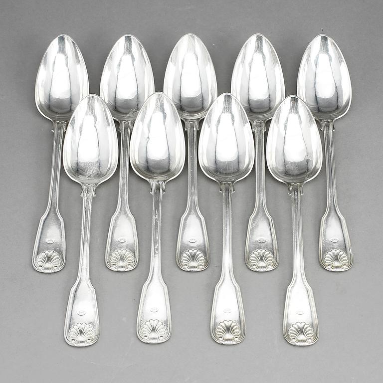 SKEDAR, 9 st, silver, Gustaf Möllenborg Feron, Stockholm 1854. Ca 733 gram.