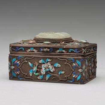 A silvered and enamelled box with cover with stone inlay, China, early 20th Century.