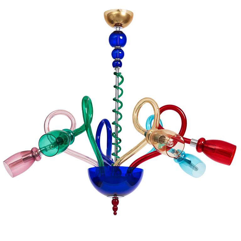 A multi coloured six light chandelier, Murano, Italy, around the year 2000.