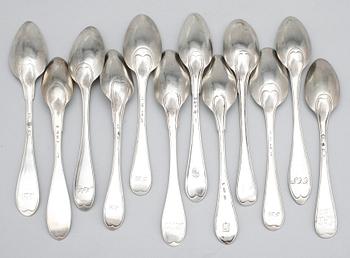 TESKEDAR, silver, 12 st, Gammel Svensk, tot vikt 112 gram, bl a Jacob Möller, Malmö, 1817.