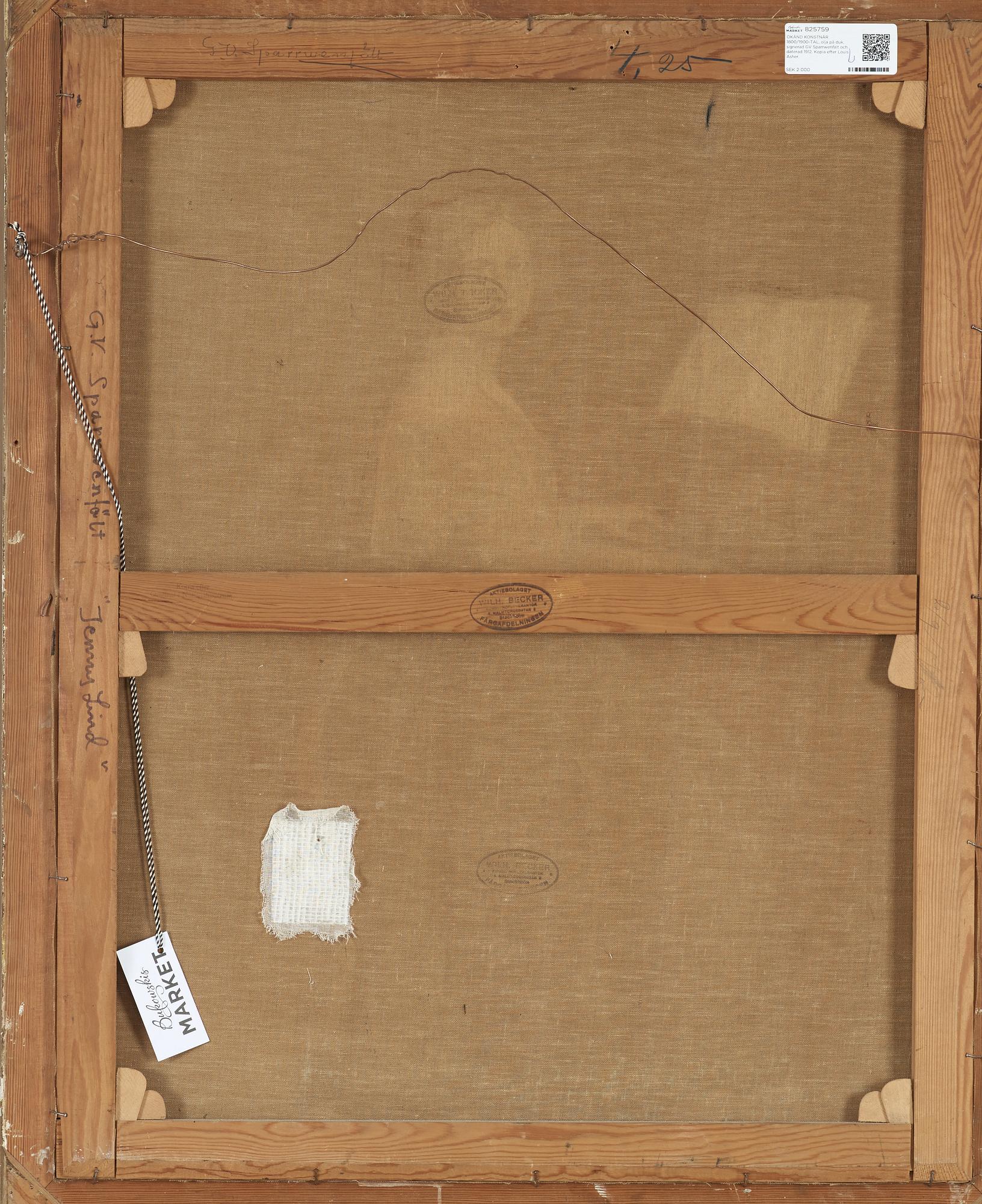 UNKNOWN ARTIST, 19/20TH CENTURY, oil on canvas, signed GV Sparrwenfält and dated 1912. Copy after Louis Asher.